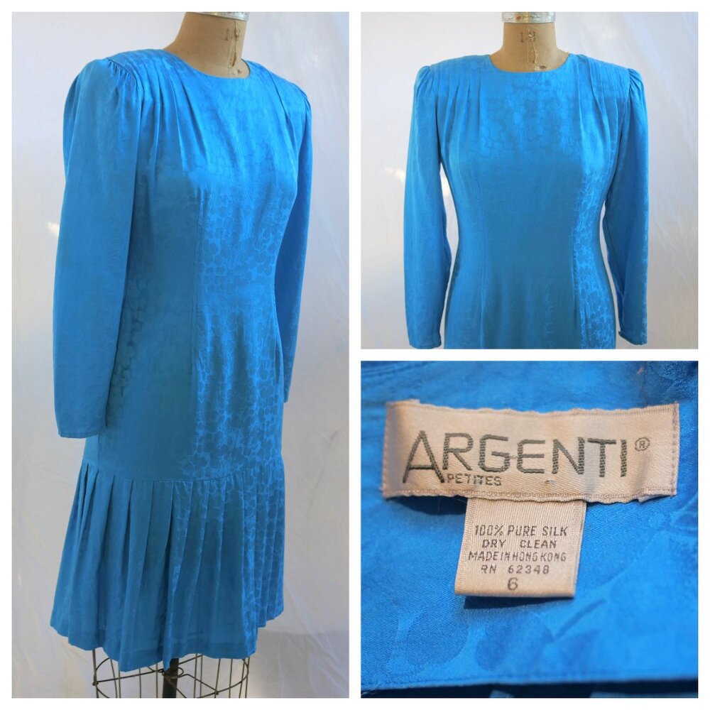 vtg 80s ARGENTI Blue Silk Drop Waist Pleated Skirt Cocktail Dress Hong Kong 6